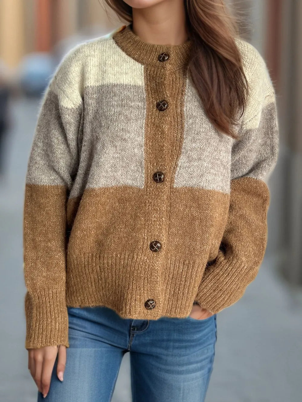 Color Block Round Neck Button Up Cardigan Caramel One Size - Fashorio