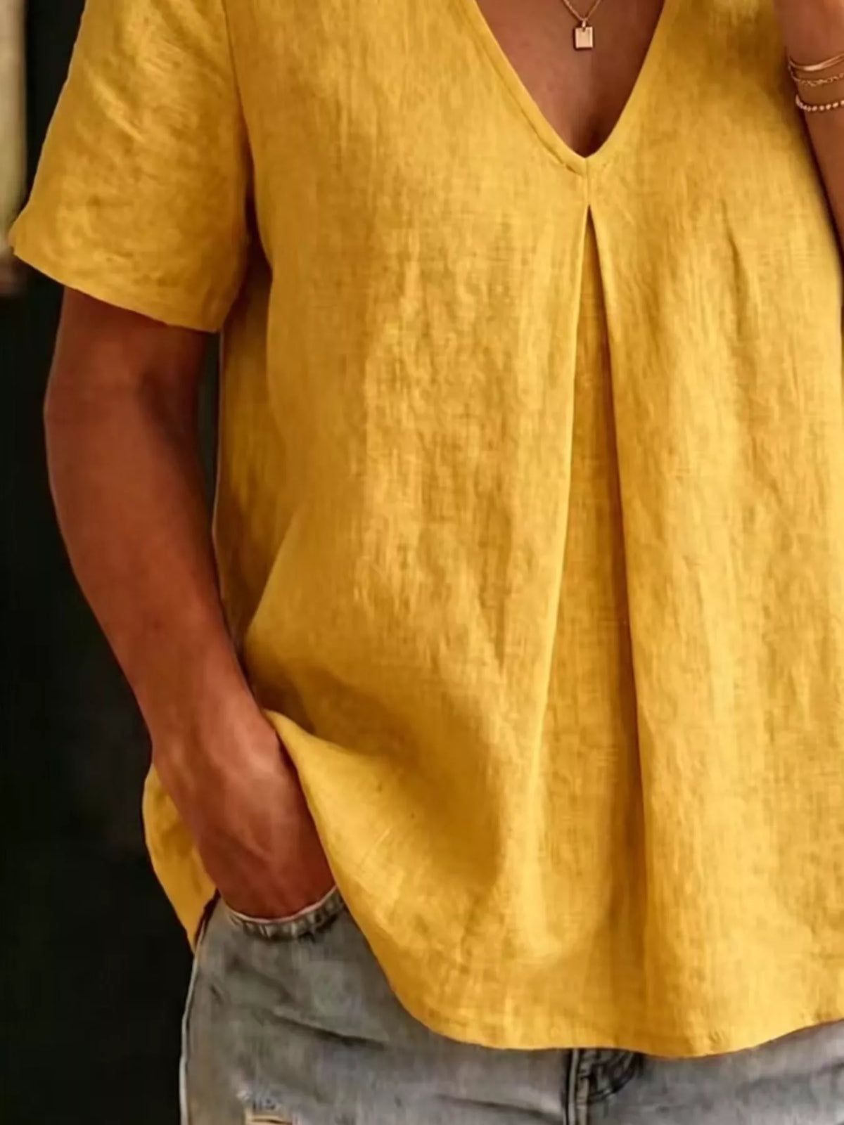 V-Neck Pleated Short Sleeve Blouse, view 9
