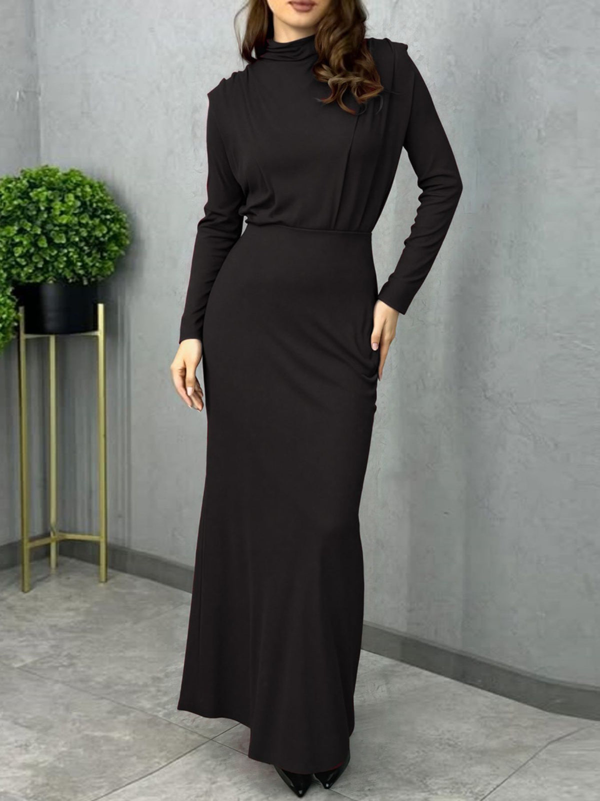 Mock neck long sleeve maxi dress back view