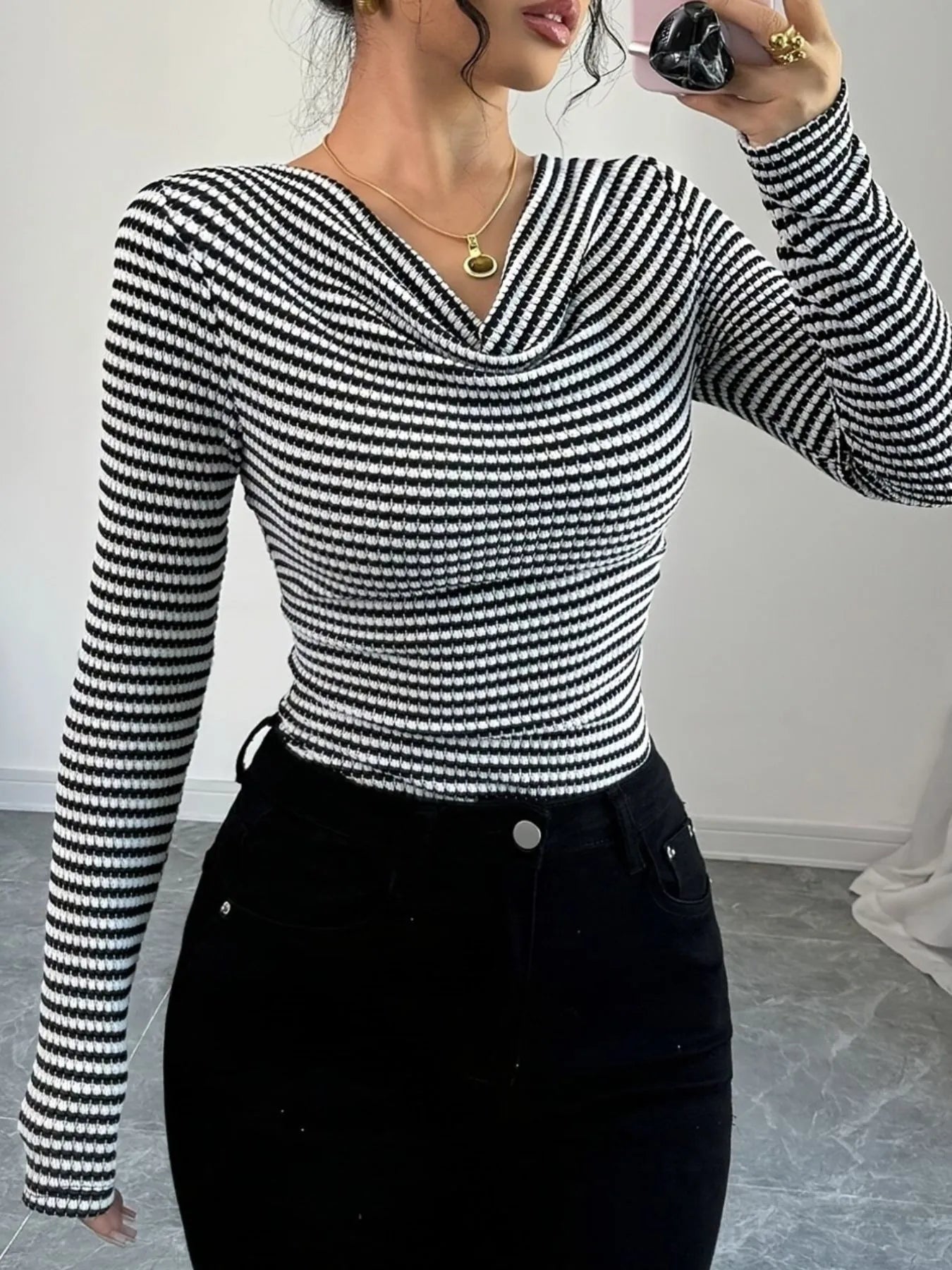 Striped Cowl Neck Long Sleeve T-Shirt - Fashorio