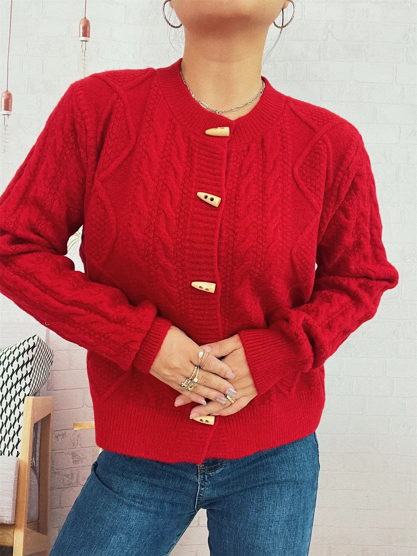 Cable Knit Button-Up Cardigan Red One Size - Fashorio