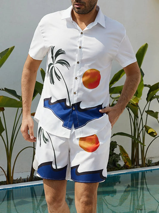 Men's Full Size Button Up Shirt and Shorts Set Plus Size White - Fashorio
