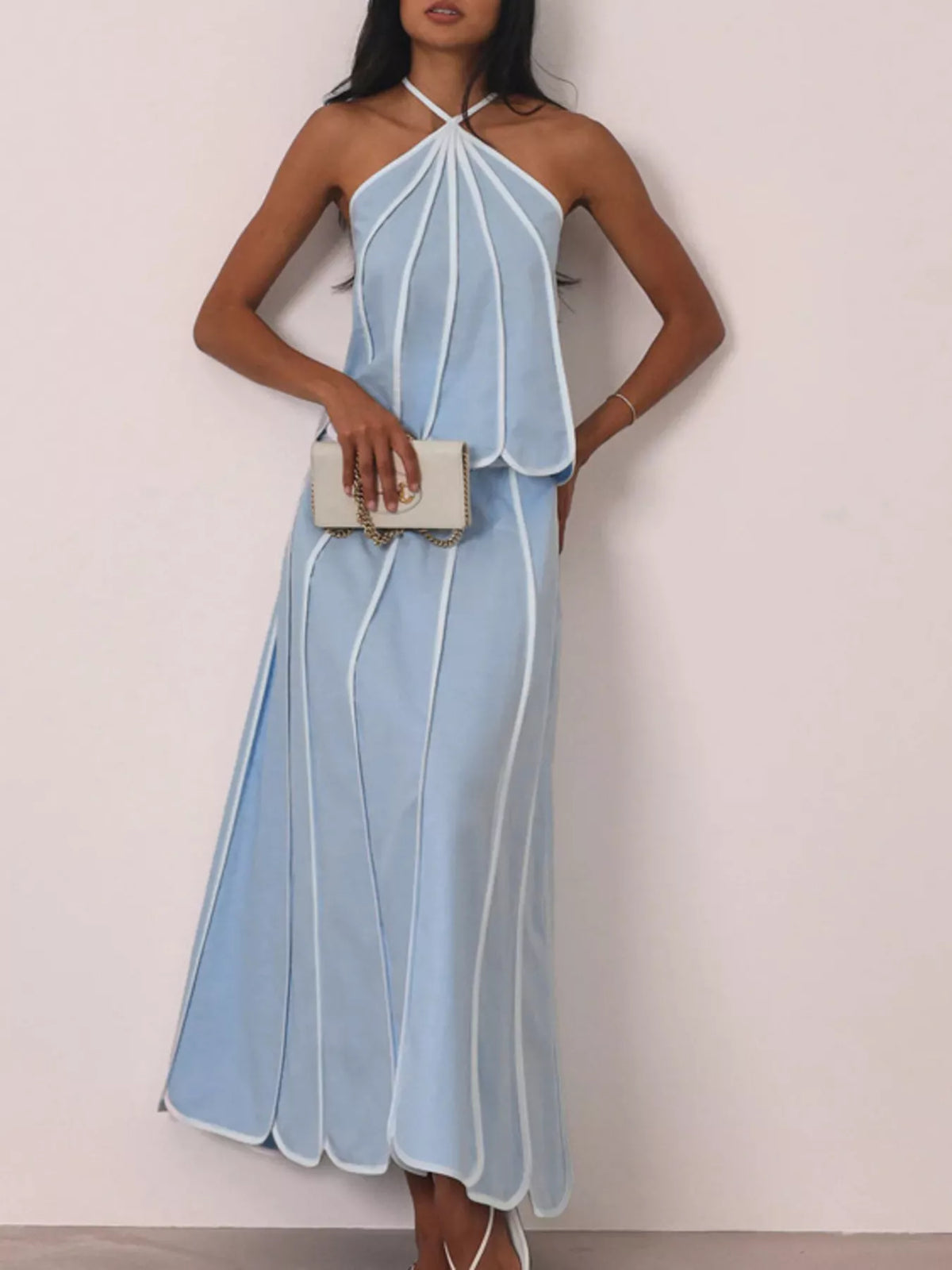 Halter neck scalloped top and skirt set front view