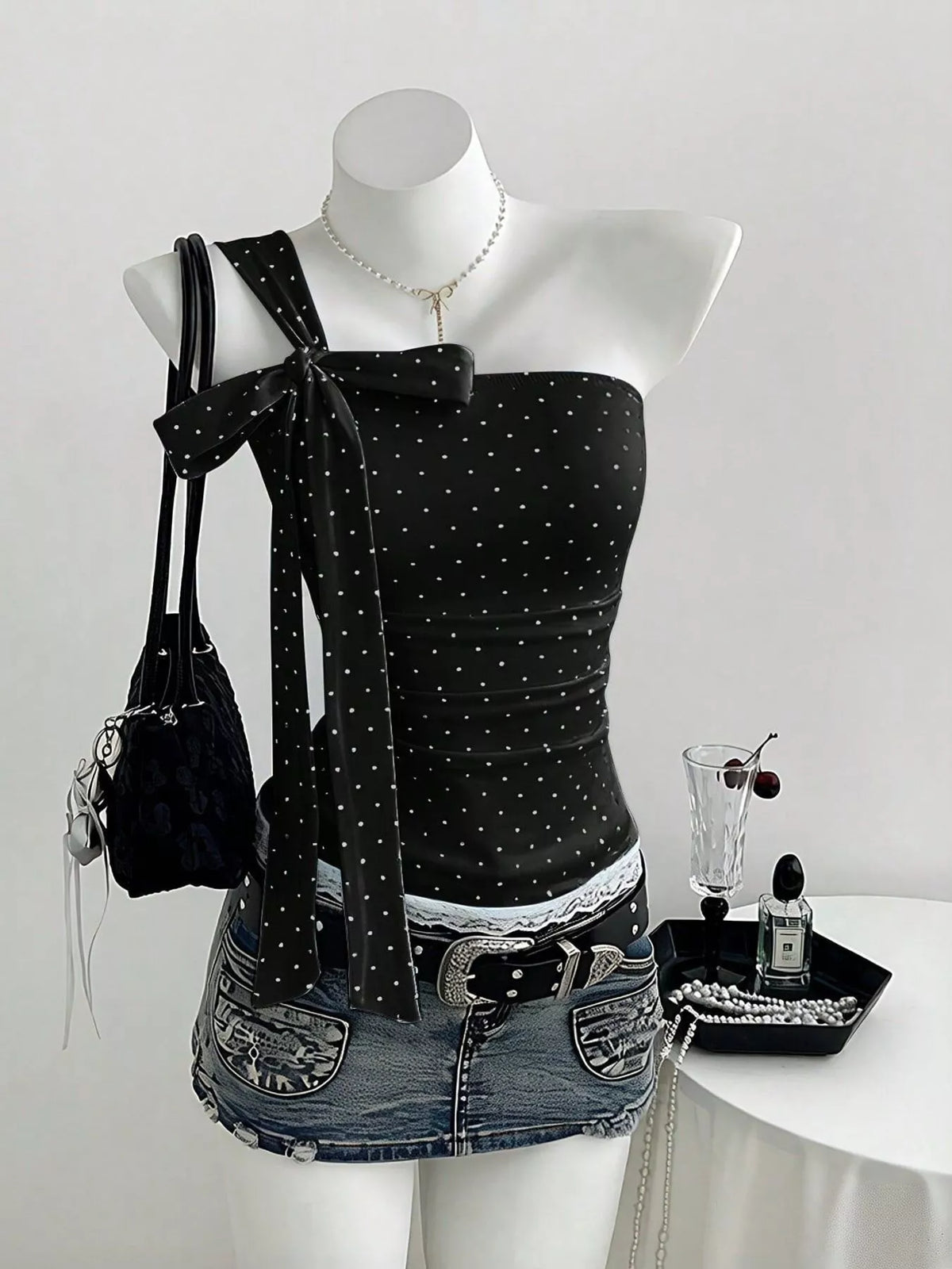 Side view of the cropped polka dot cami