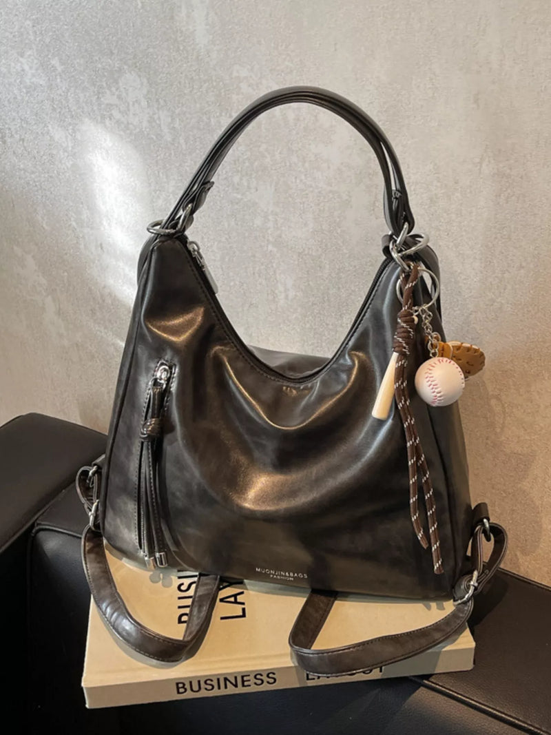 Vintage black PU leather shoulder bag front view