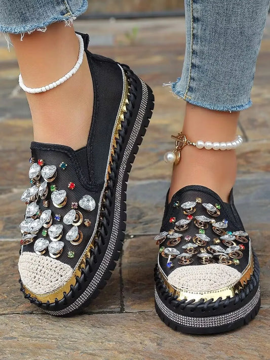 Rhinestone Round Toe Platform Loafers Black - Fashorio