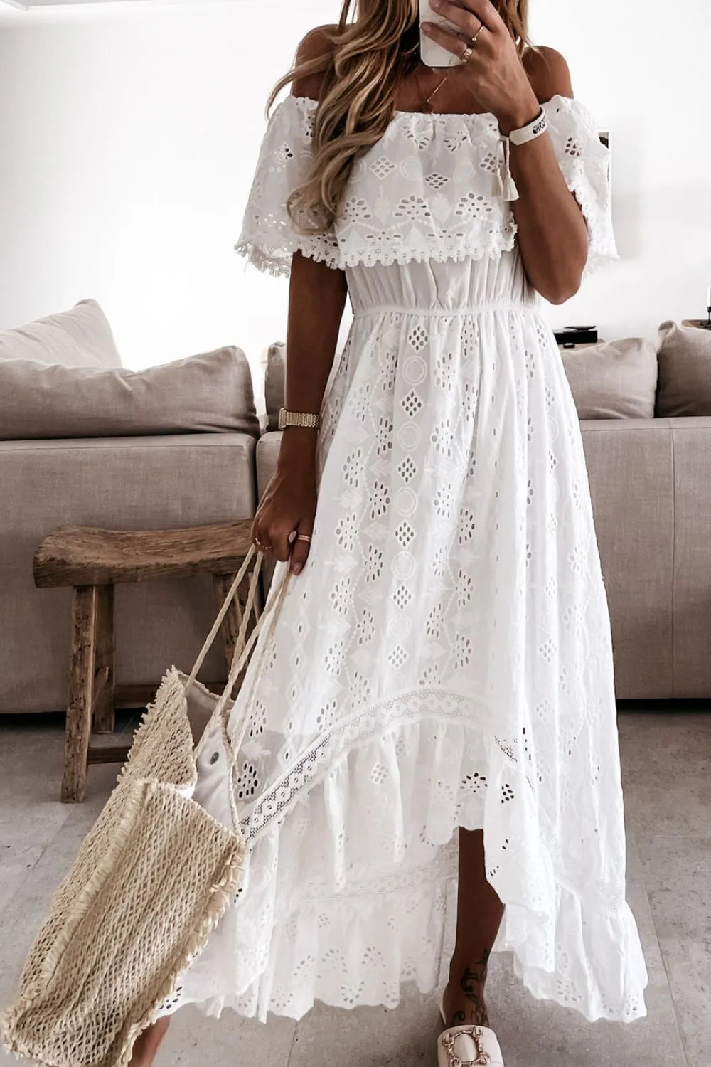 Off Shoulder Eyelet Lace Maxi Dress full length view