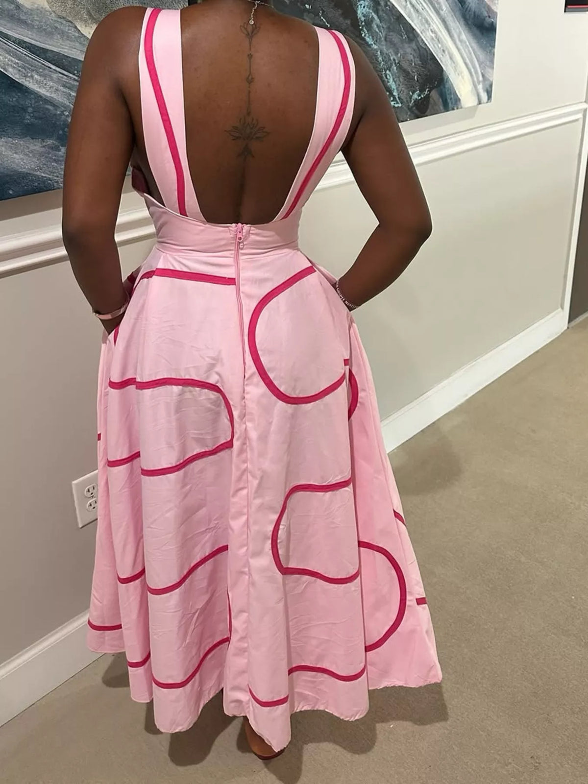Walking view of the long square neck summer dress