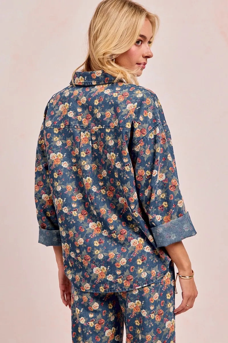 BiBi Washed Floral Print Denim Jacket - Fashorio