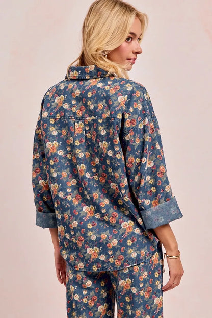 BiBi Washed Floral Print Denim Jacket - Fashorio