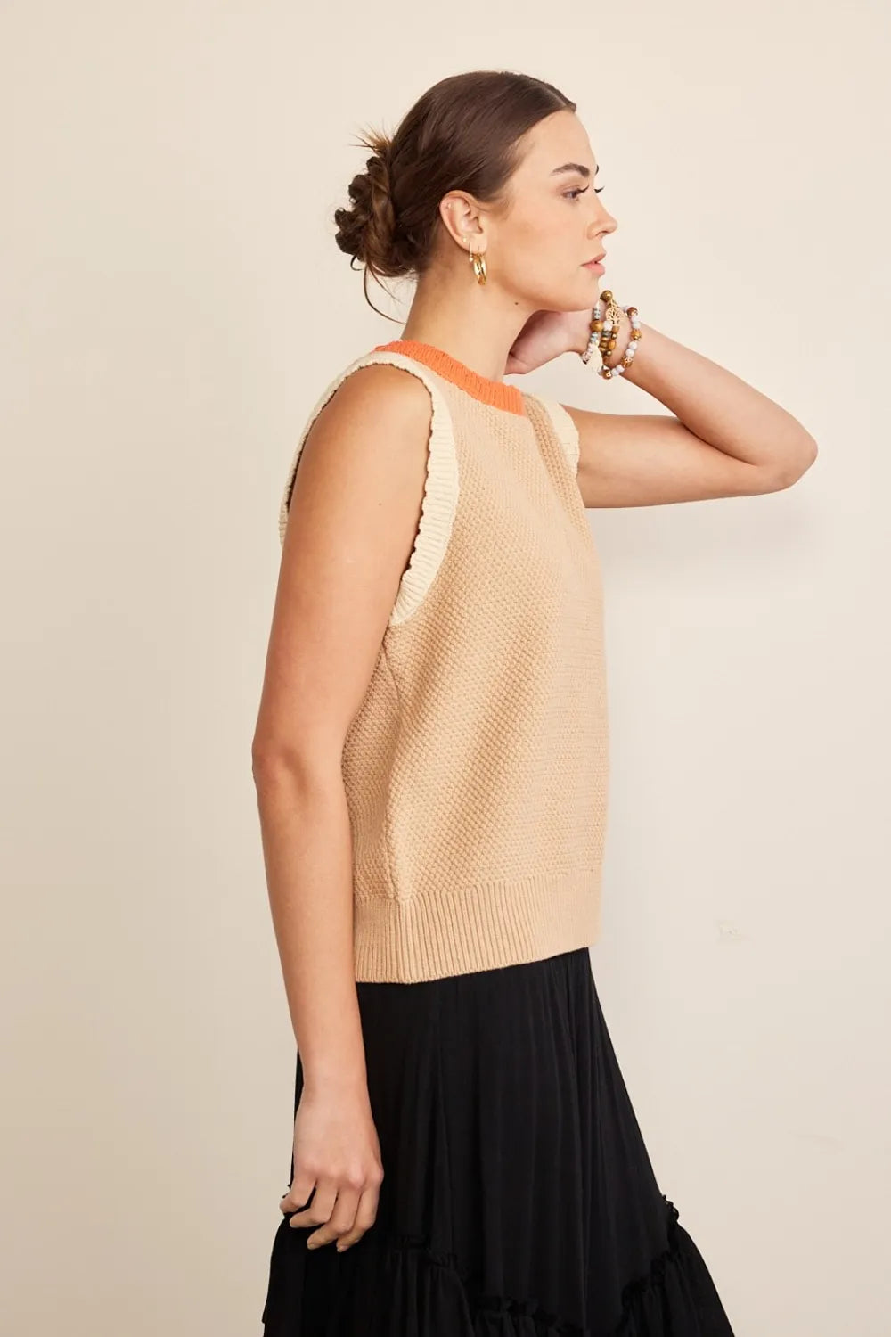 Contrast Trim Round Neck Sweater Vest in Taupe side view