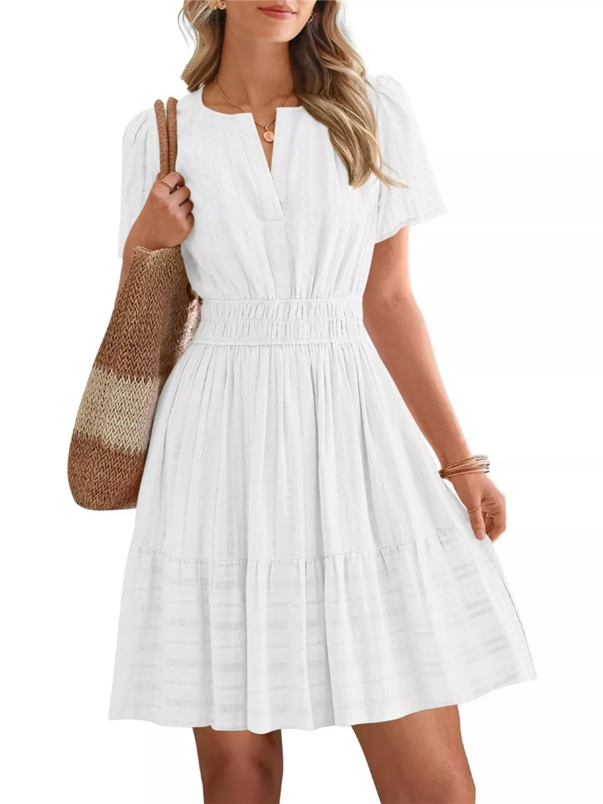 Short sleeve smocked waist tiered midi dress side view