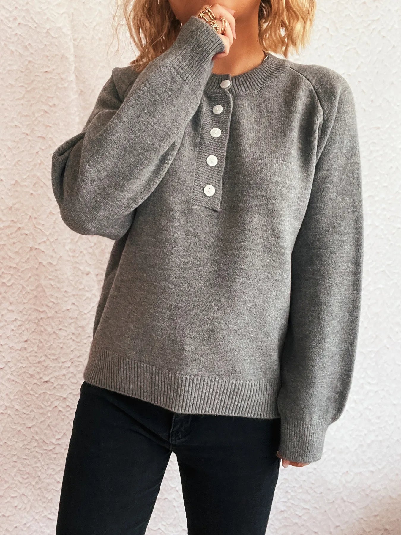 Button-Front Long Sleeve Sweater - Fashorio