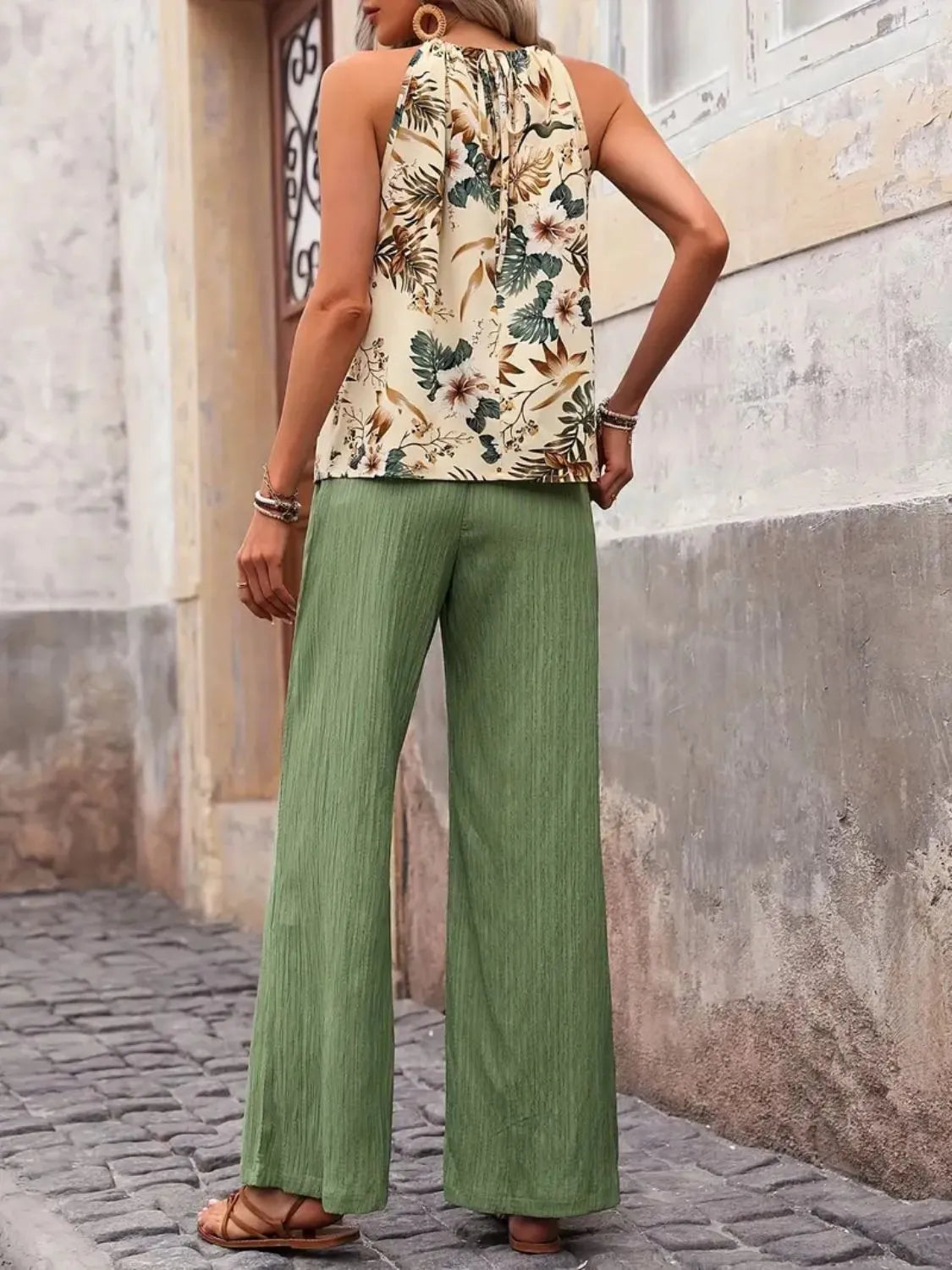 Printed Tank Top and Wide Leg Pants Set - Fashorio