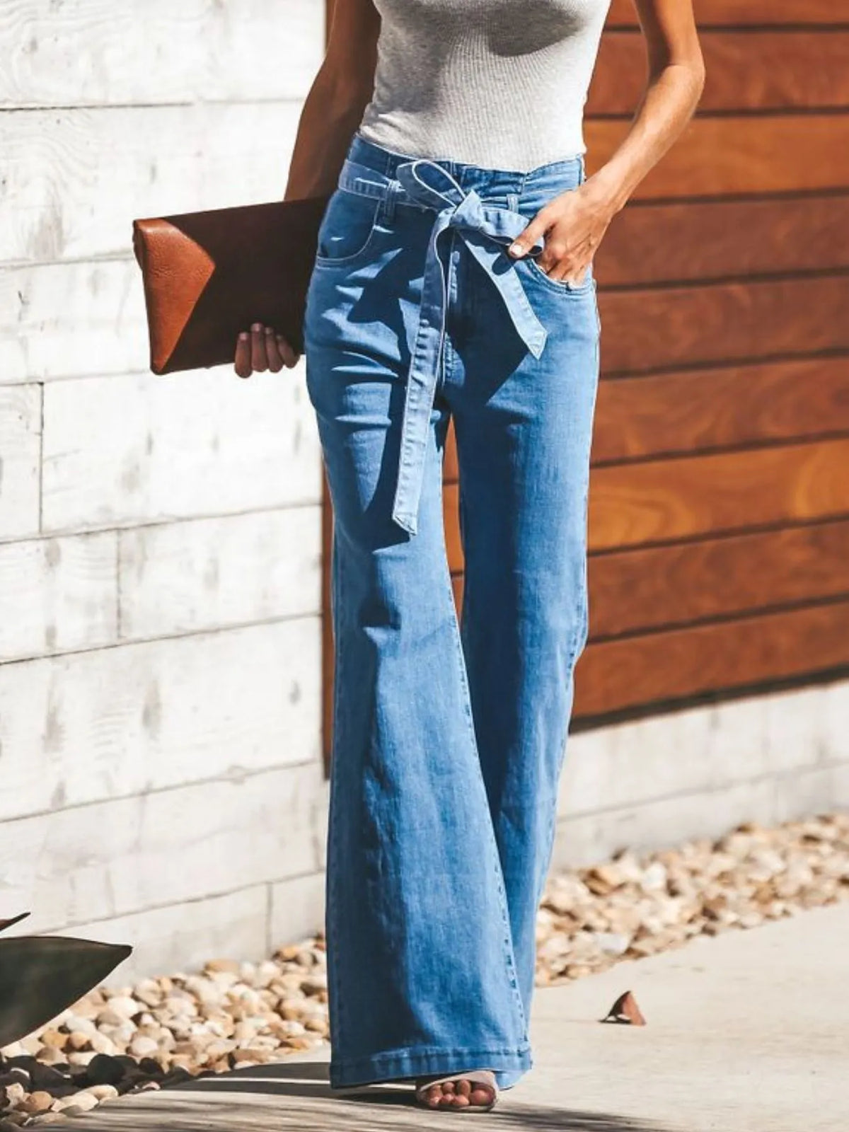 Tie front flare jeans back view with pockets