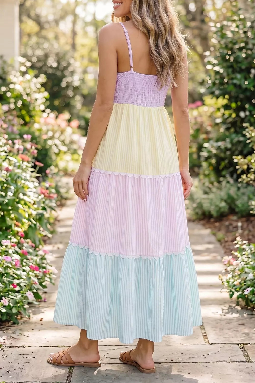 Striped colorblock scalloped maxi dress back view