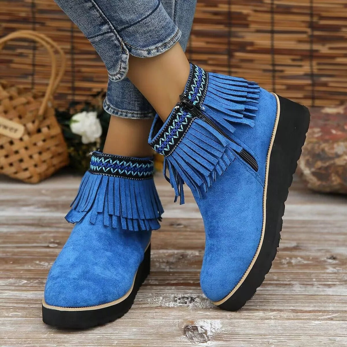 Fringe round toe ankle boots heel detail