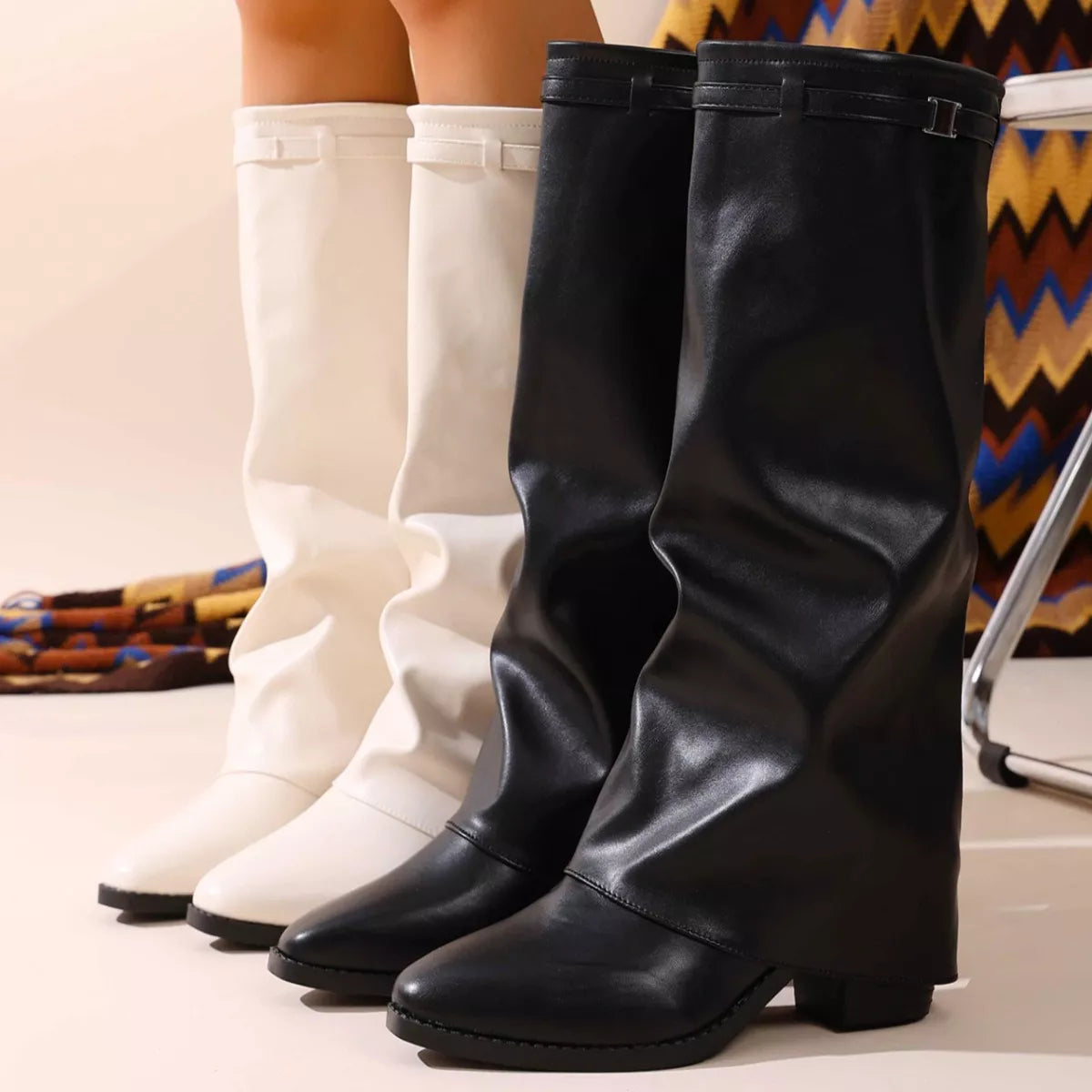 Pointed toe block heel boots front view