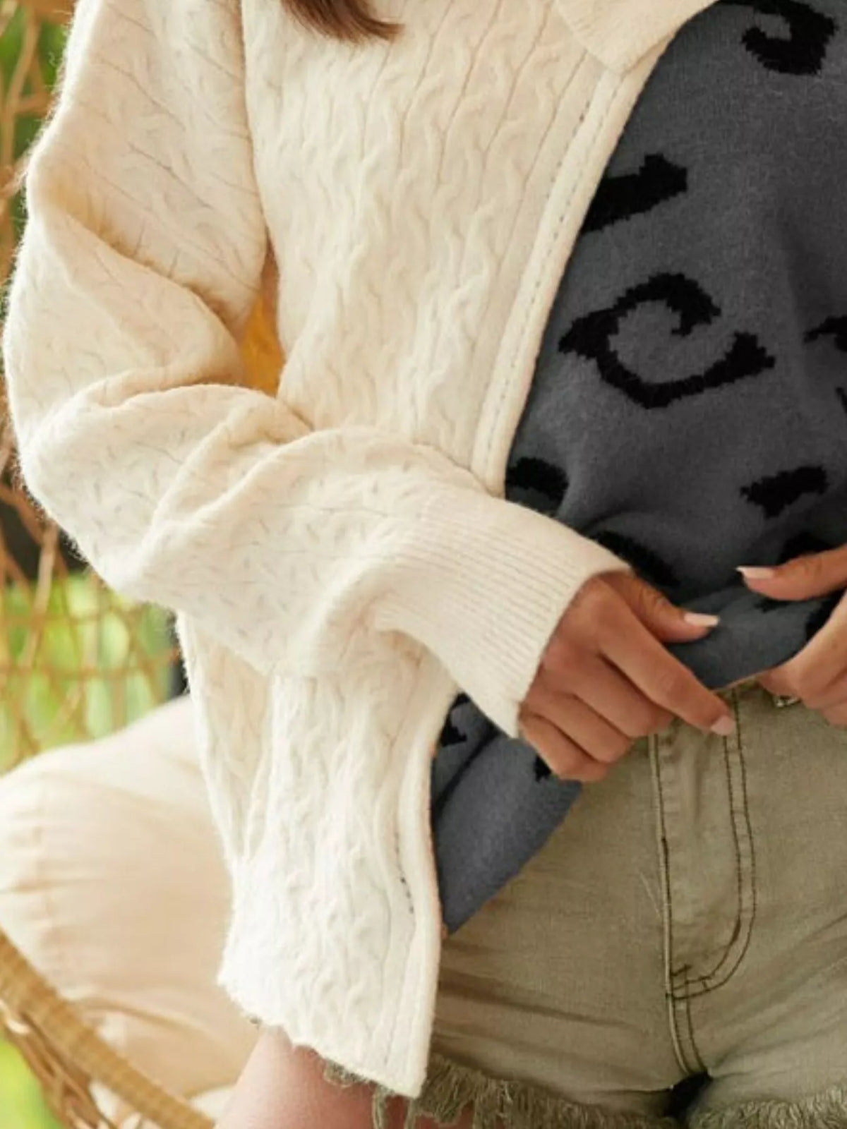 Cable Knit One Shoulder Color Block Sweater in Charcoal side view