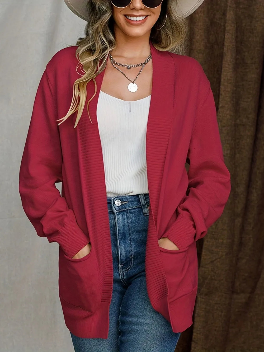 Open Front Long Sleeve Sweater Cardigan Deep Red - Fashorio