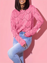 Heart Round Neck Long Sleeve Sweater Pink - Fashorio