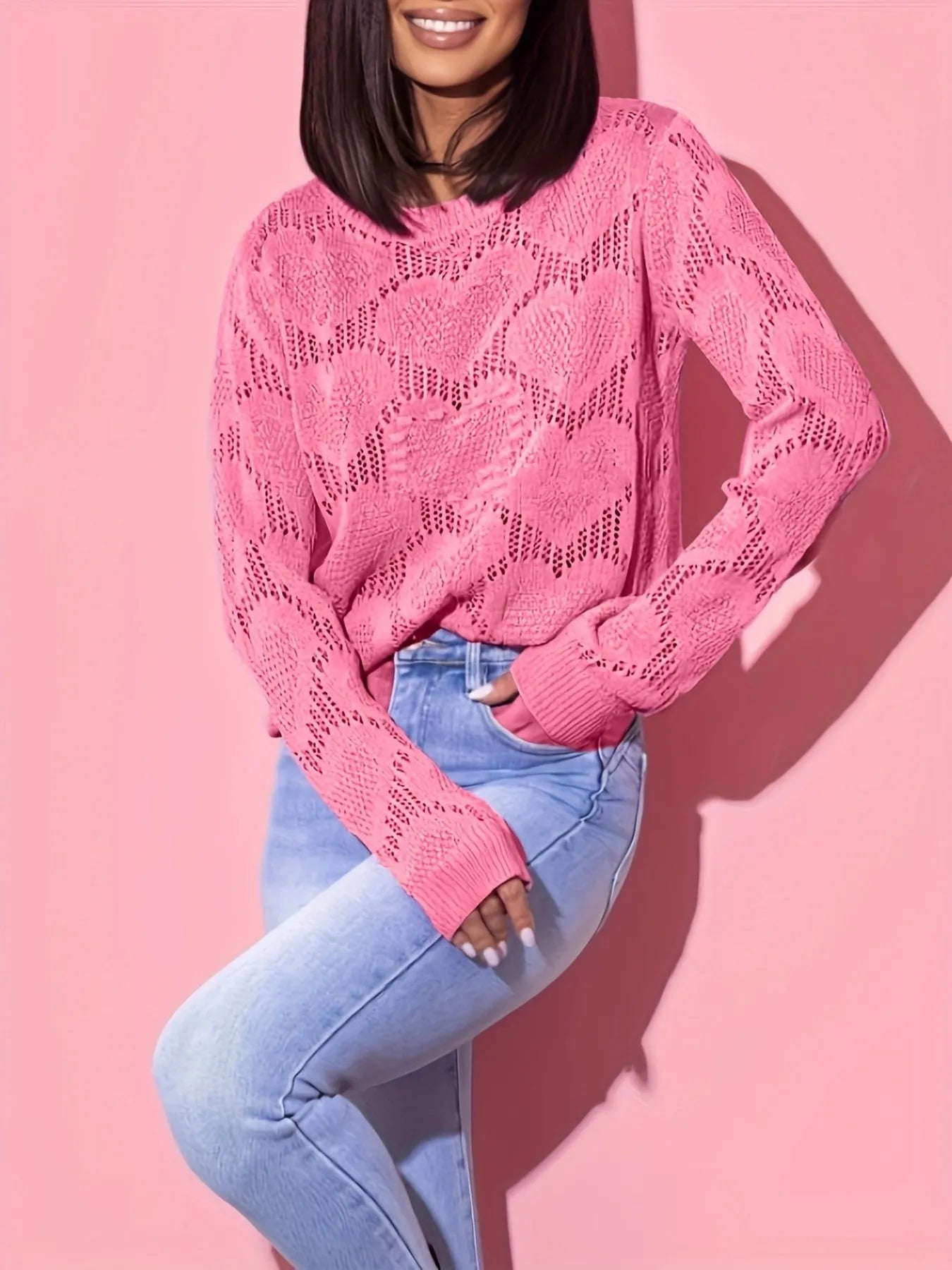 Heart Round Neck Long Sleeve Sweater Pink - Fashorio