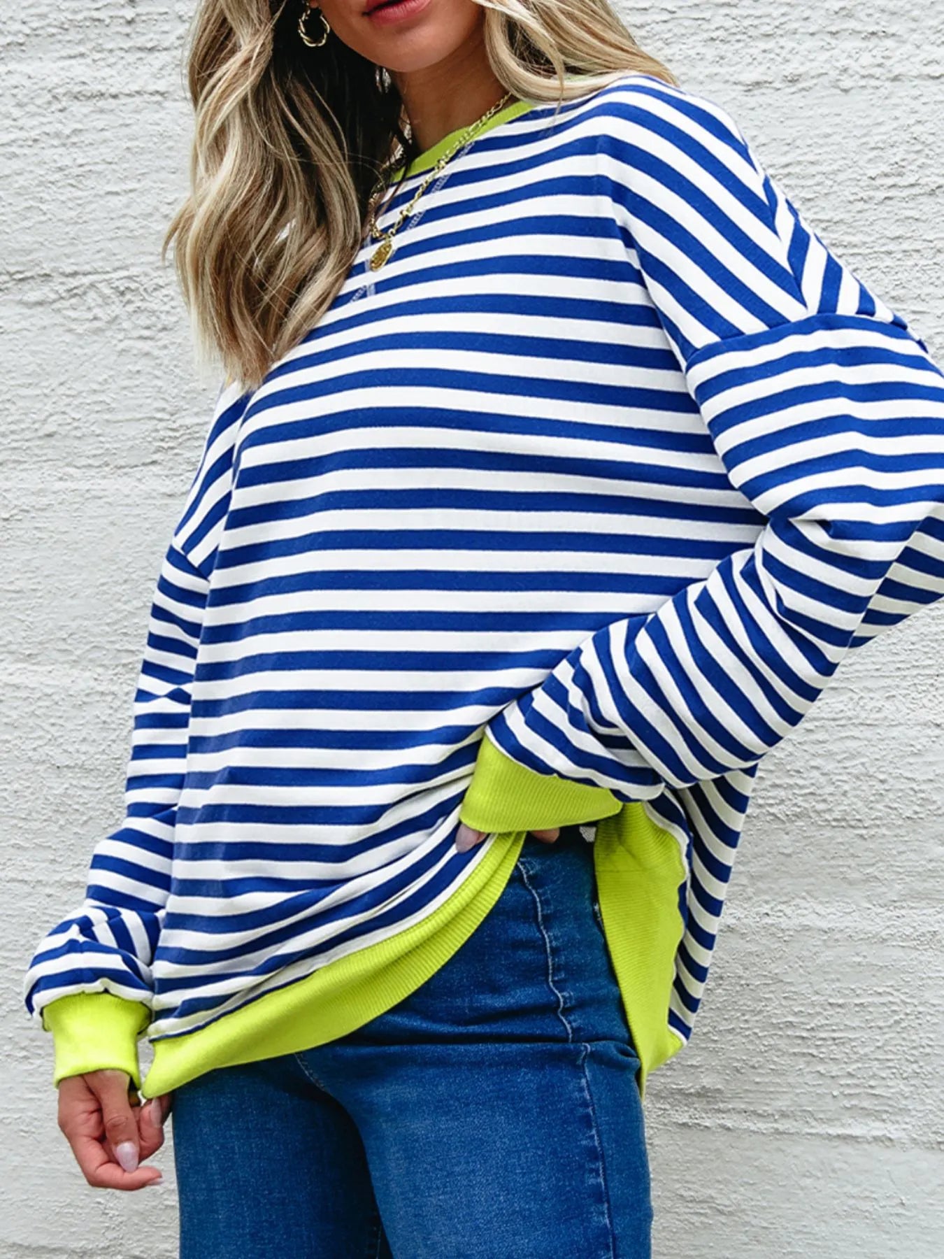 Striped Contrast Ribbed Trim Drop Shoulder Sweatshirt - Fashorio