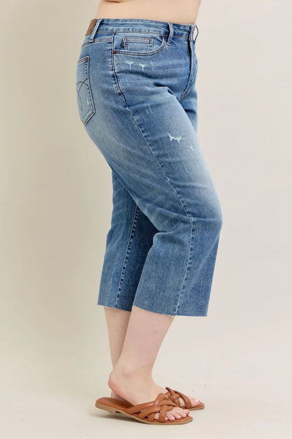 Judy Blue Plus Size High Waist Crop Wide Leg Jeans – Distressed - Fashorio