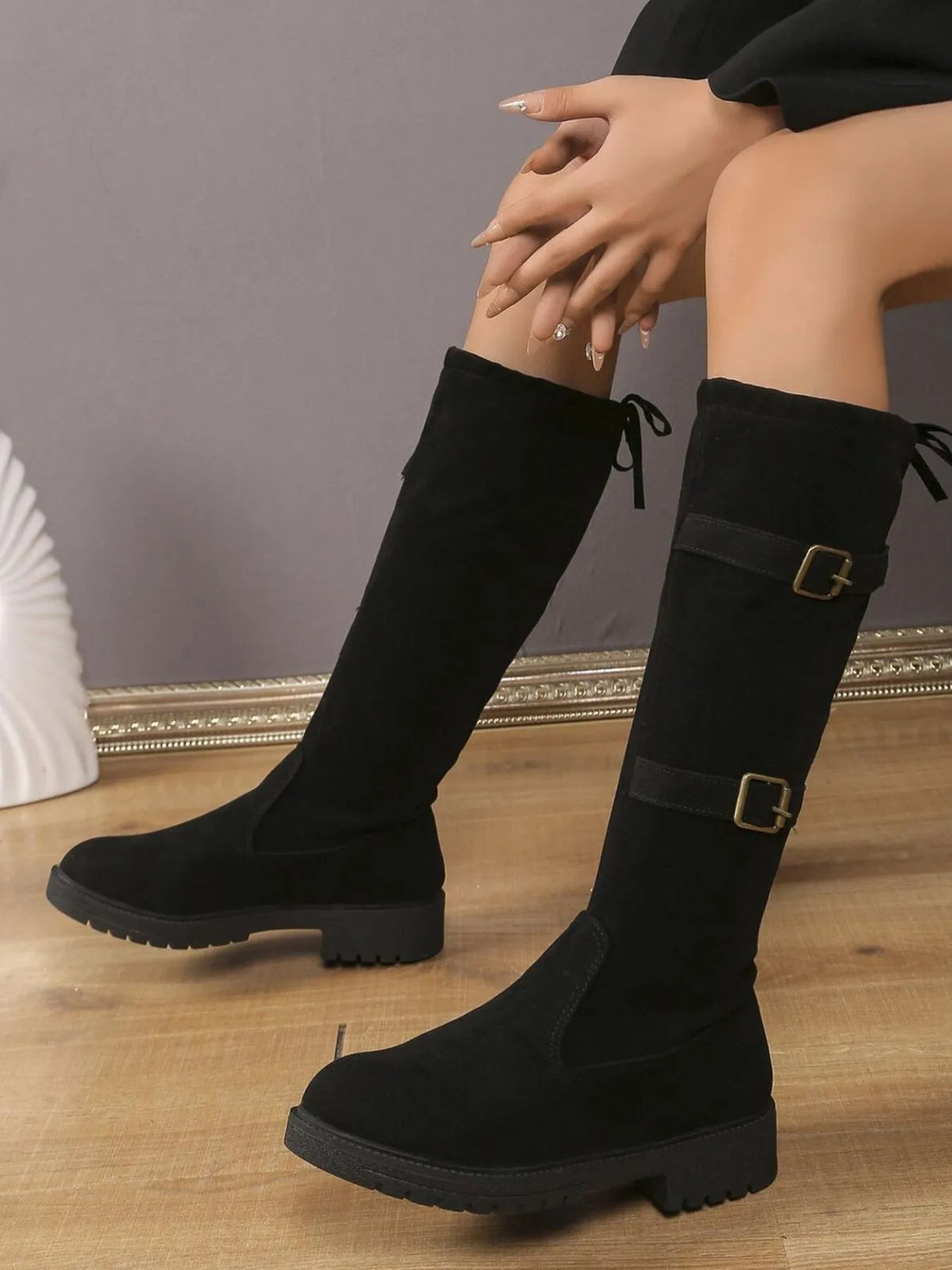 black black suede knee high combat boots back view