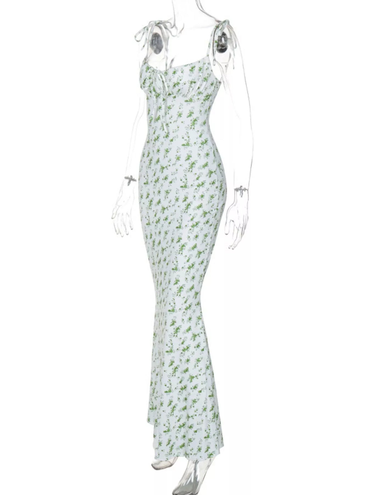 Floral tie strap bodycon maxi dress styled look