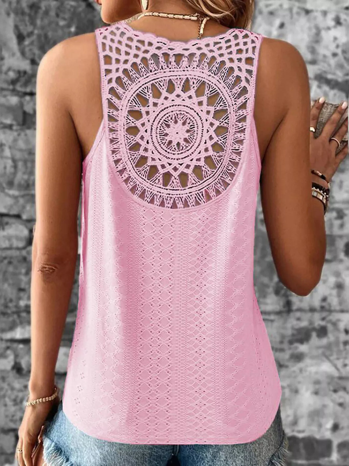 Sleeveless eyelet tank top shown in a darker colourway