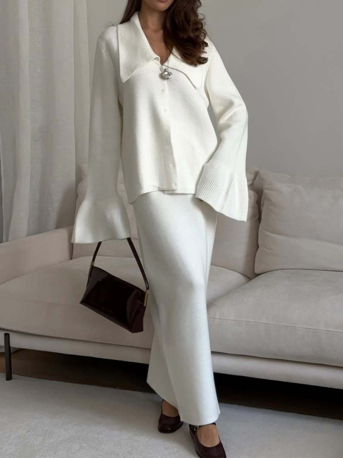 Cardigan and skirt set full look
