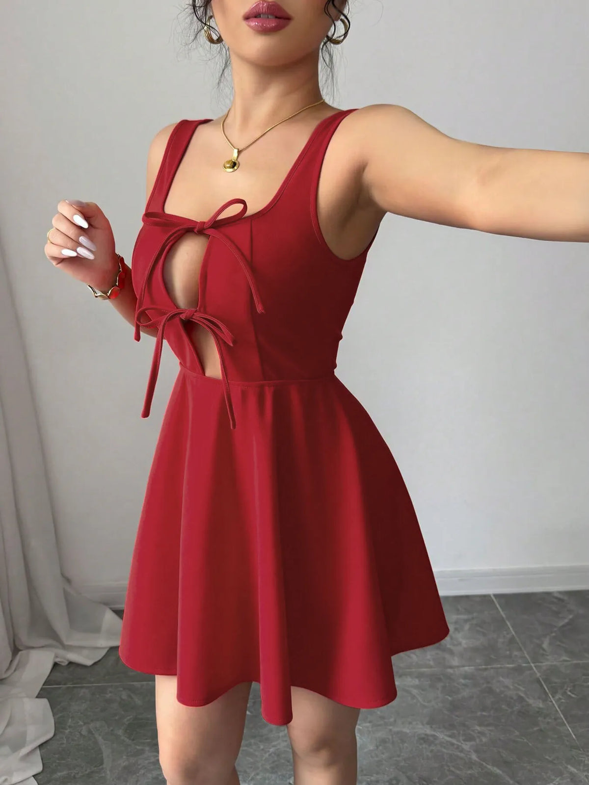 Red tie front wide strap dress back view