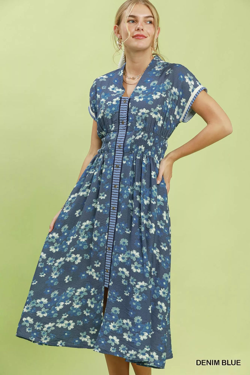 Denim blue mixed print henley shift dress front view