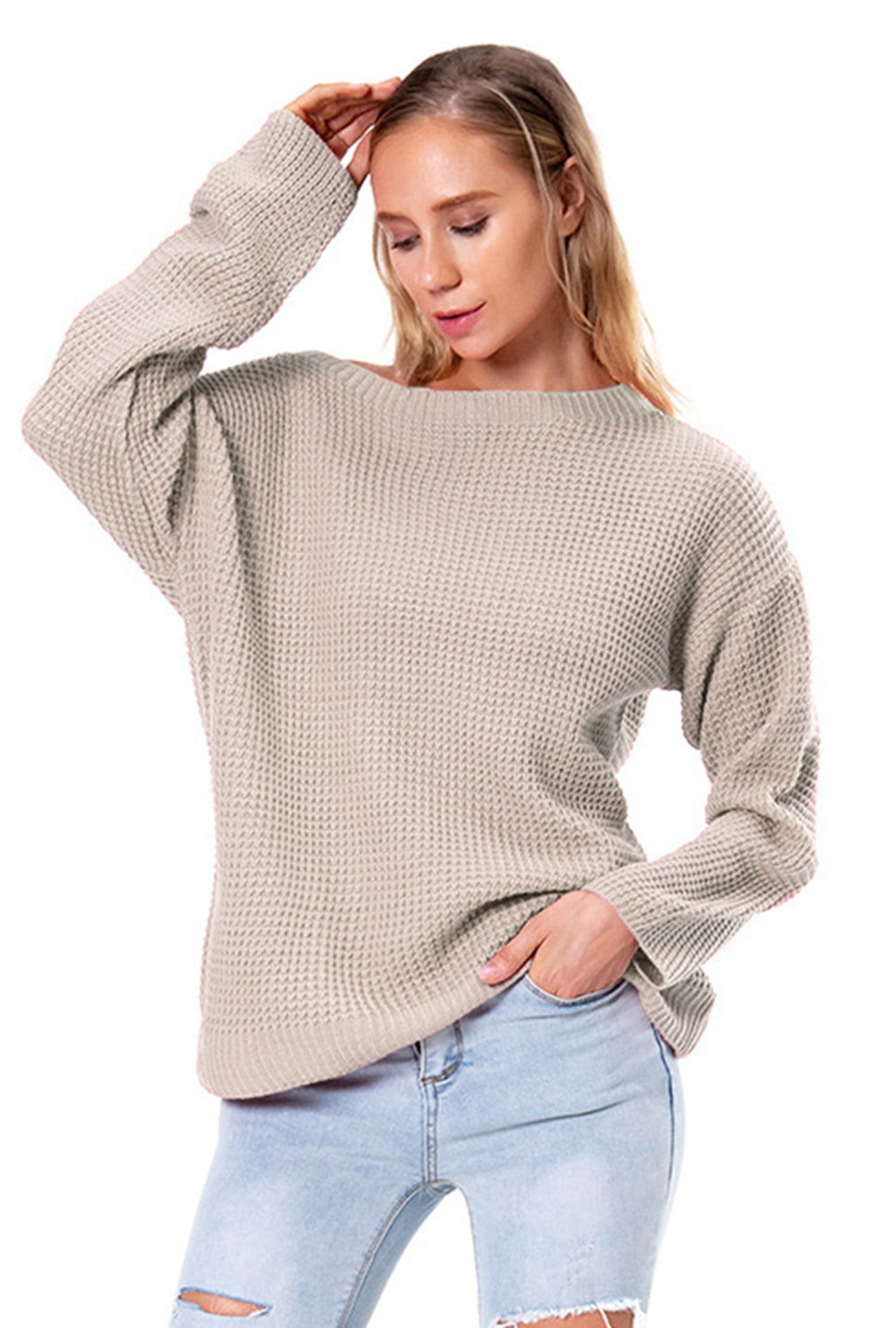 Boat Neck Drop Shoulder Long Sleeve Sweater - Fashorio