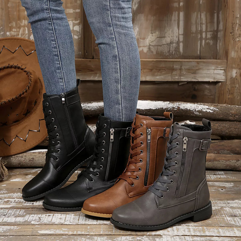 round toe block heel ankle boots front view