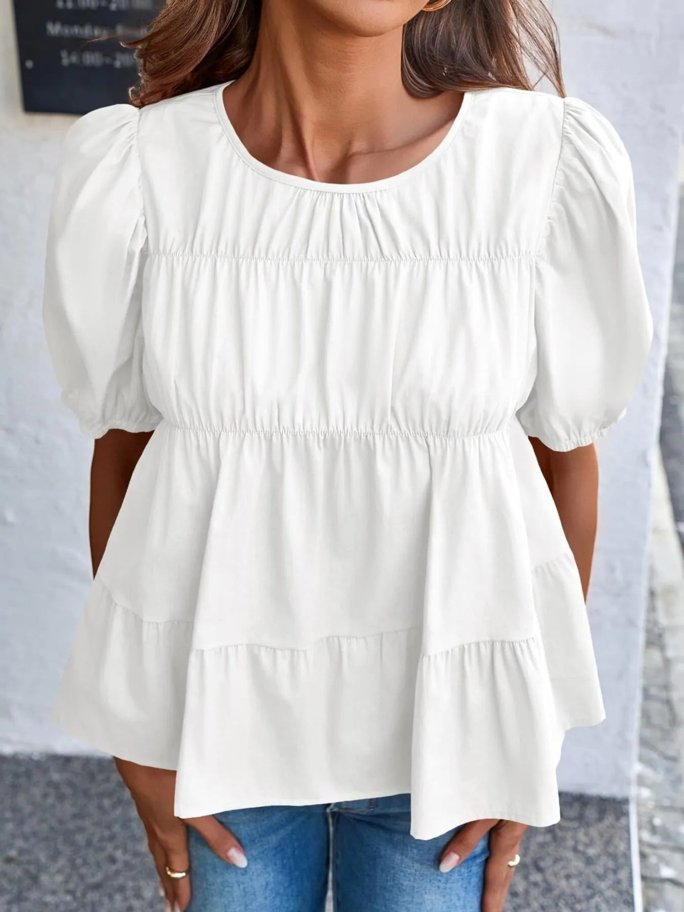 Tiered Round Neck Puff Sleeve Ruched Blouse - Fashorio