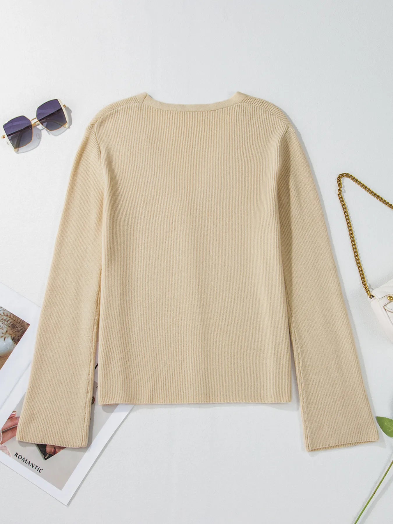 Ribbed Knit Button Front V Neck Cardigan - Fashorio