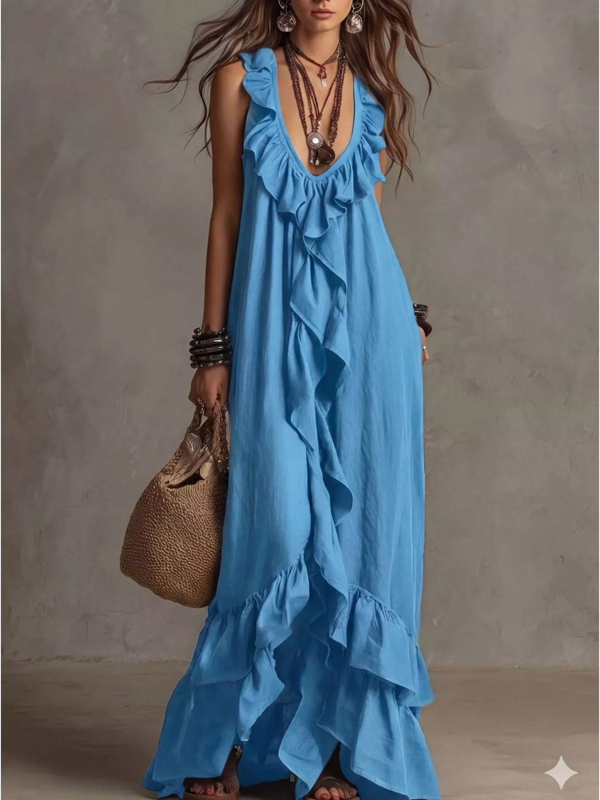 Ruffled sleeveless maxi dress front view