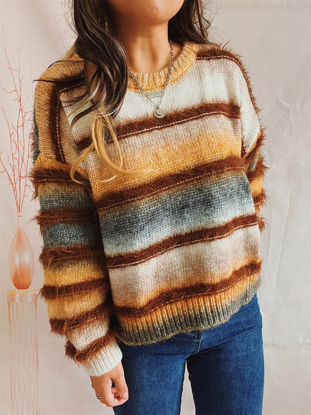 Striped Round Neck Long Sleeve Sweater - Fashorio