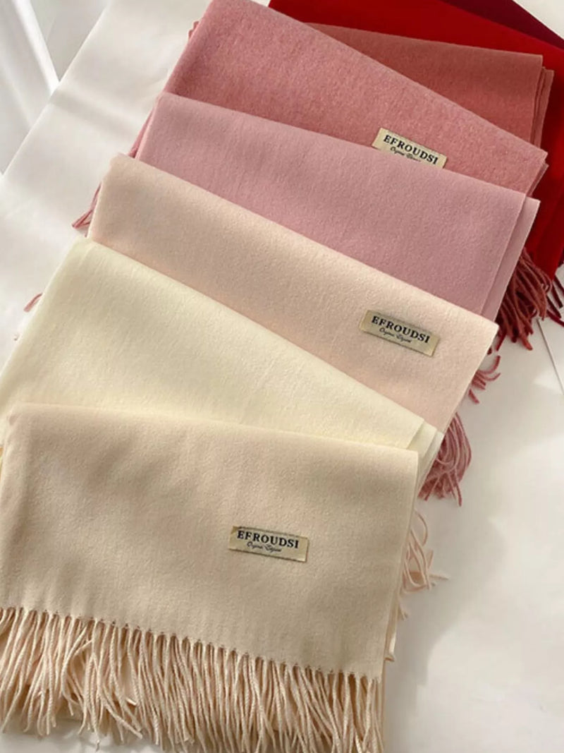 Fringe solid color scarf shown at full length