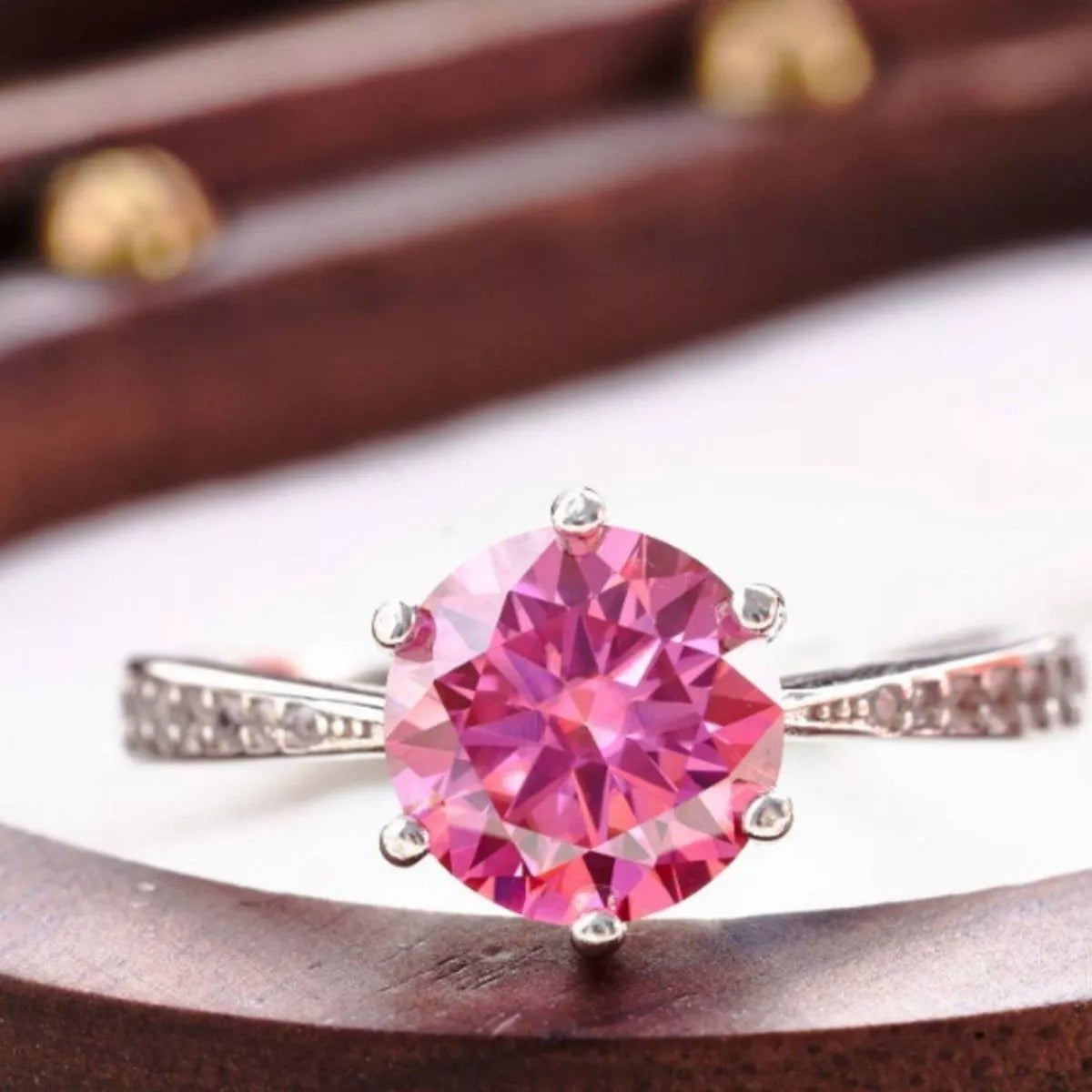 Sterling silver band detail on the pink moissanite ring