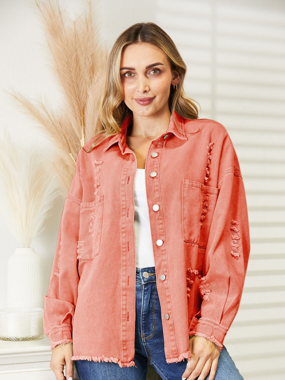Distressed Raw Hem Denim Jacket Orange-Red - Fashorio