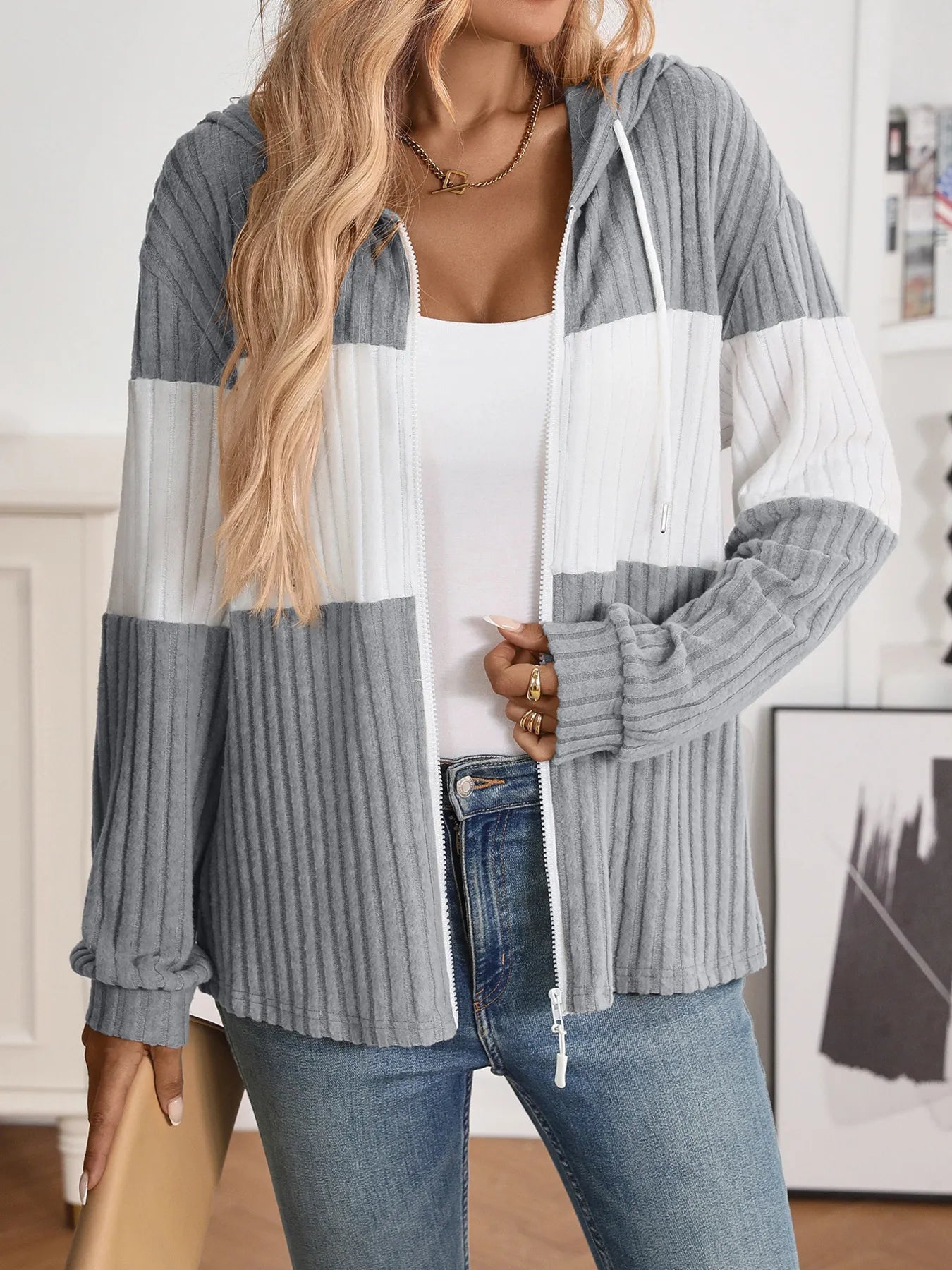 Drawstring Color Block Zip Up Outerwear Gray - Fashorio