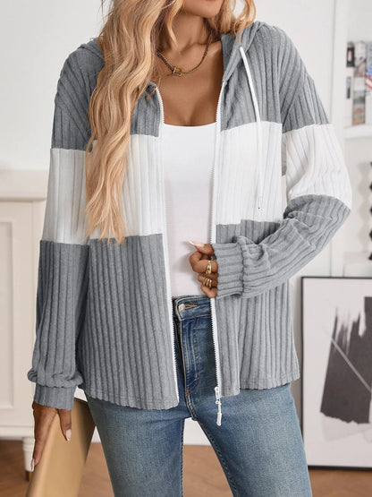 Drawstring Color Block Zip Up Outerwear Gray - Fashorio