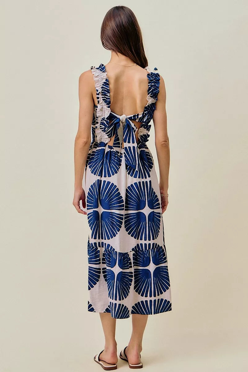 Navy abstract print smocked bodice tiered midi dress front view