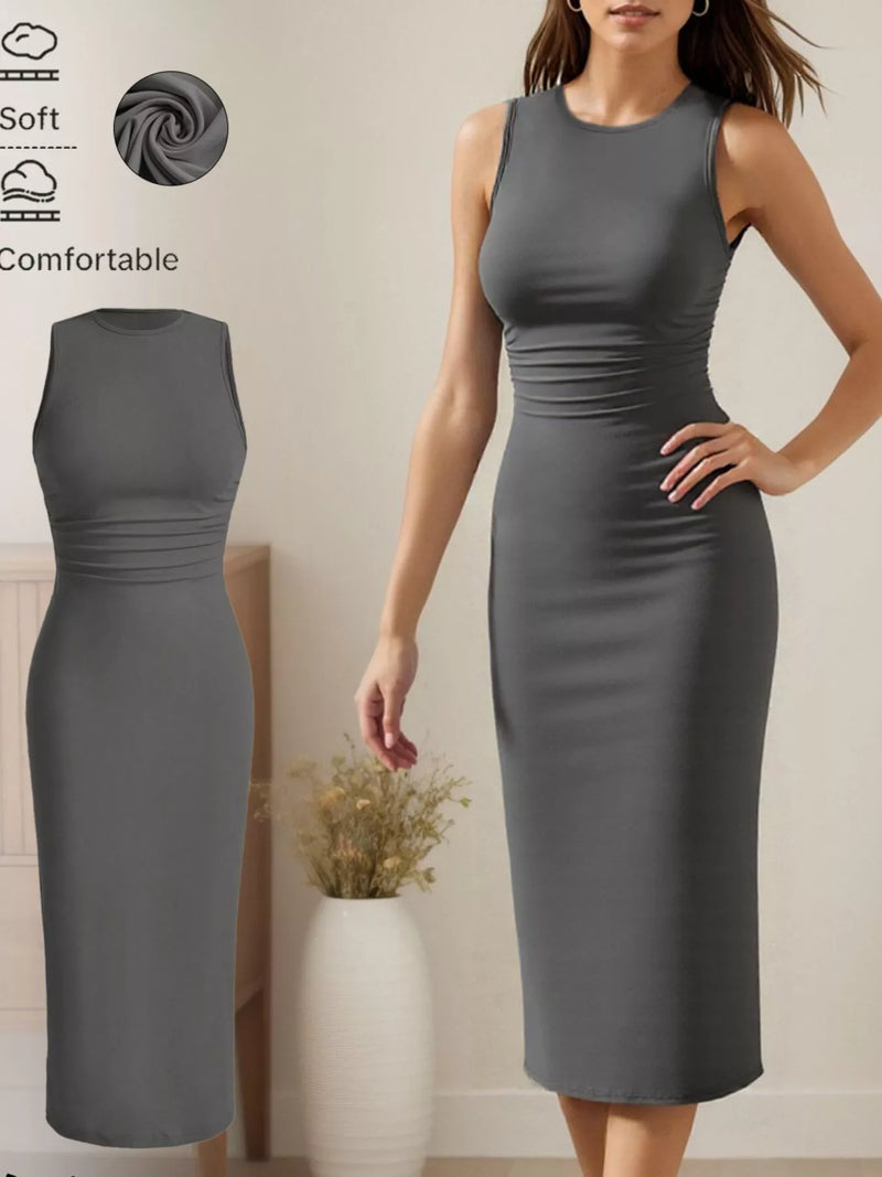 Sleeveless round neck midi dress front view on model