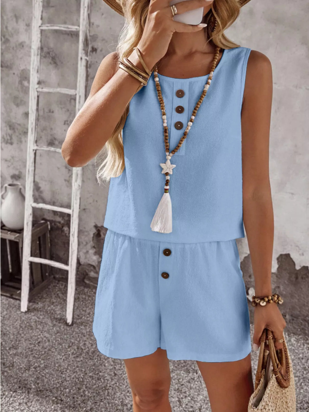 Decorative Button Round Neck Tank and Shorts Set, view 21