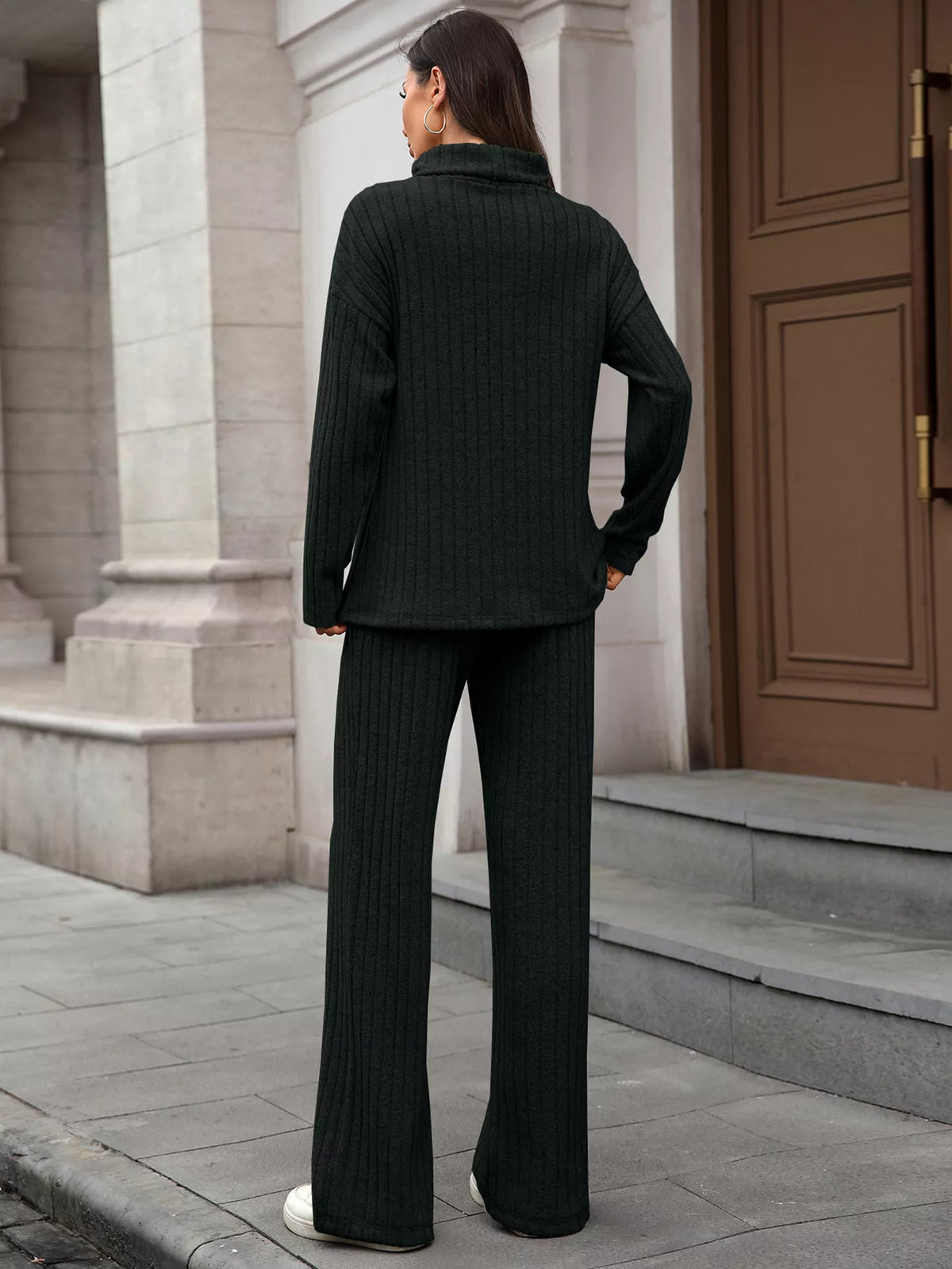 Ribbed turtleneck top and pants set three quarter view