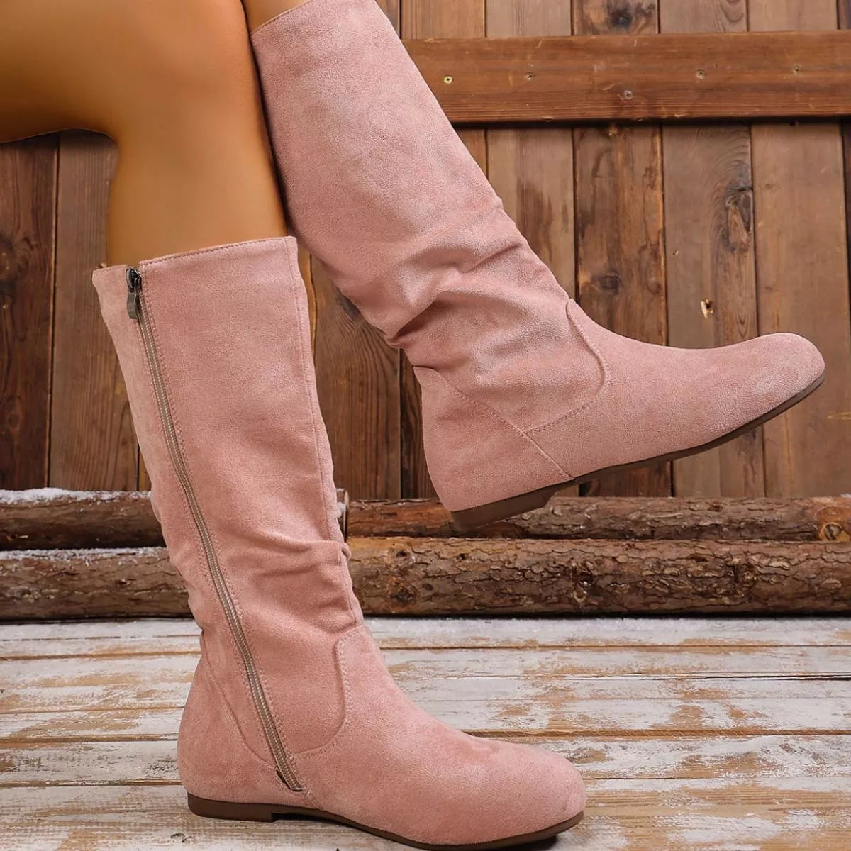Round toe side zip boots back heel view